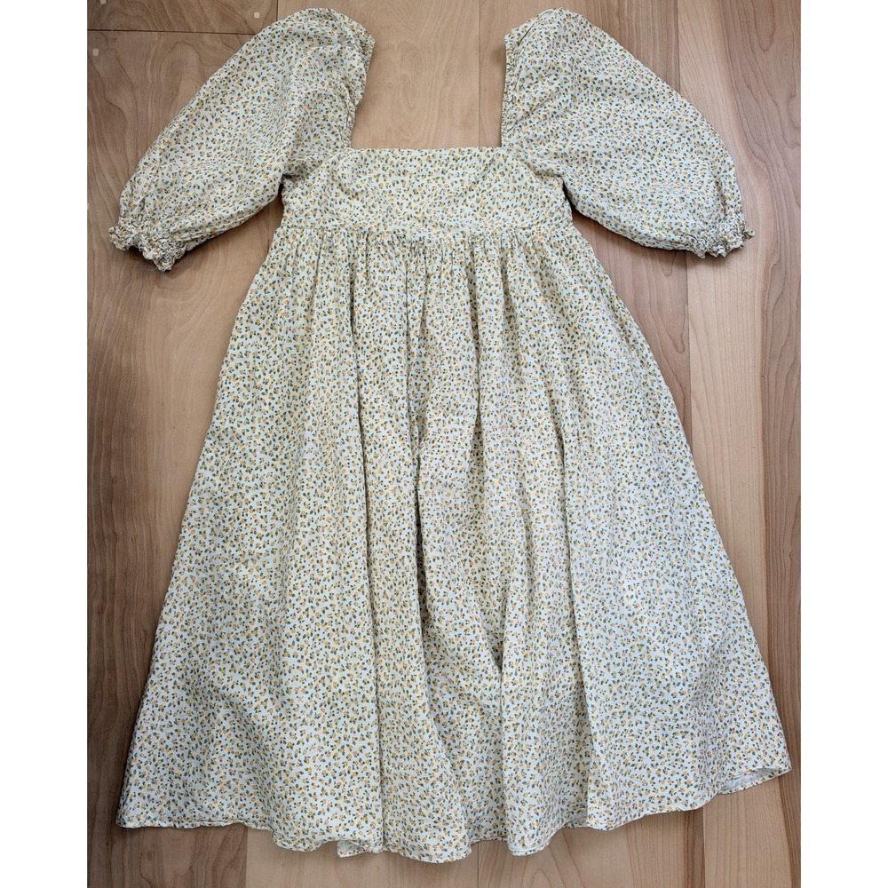 Storia Yellow Floral Puff Sleeve Midi Dress L Cottagecore Prairie Square Neck